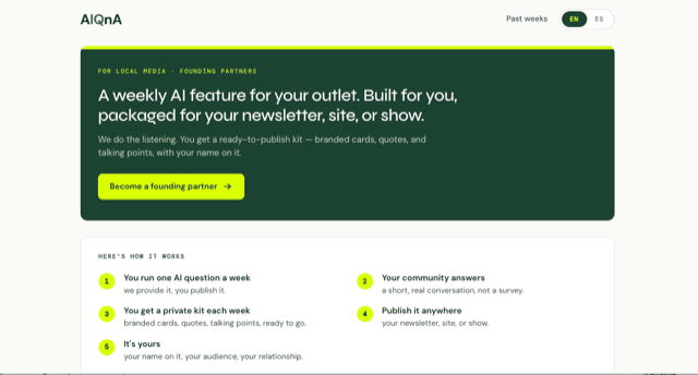 AIQnA homepage — a weekly AI question packaged as a ready-to-publish kit for local media partners