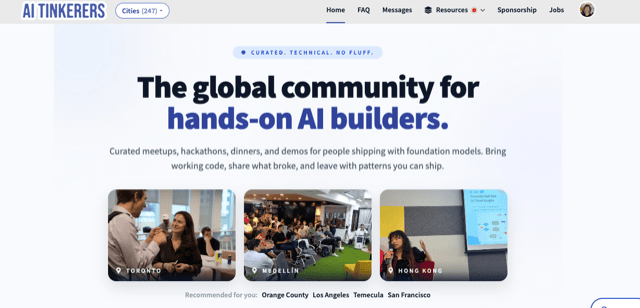 AI Tinkerers homepage — the global community for hands-on AI builders, with chapters in 247 cities
